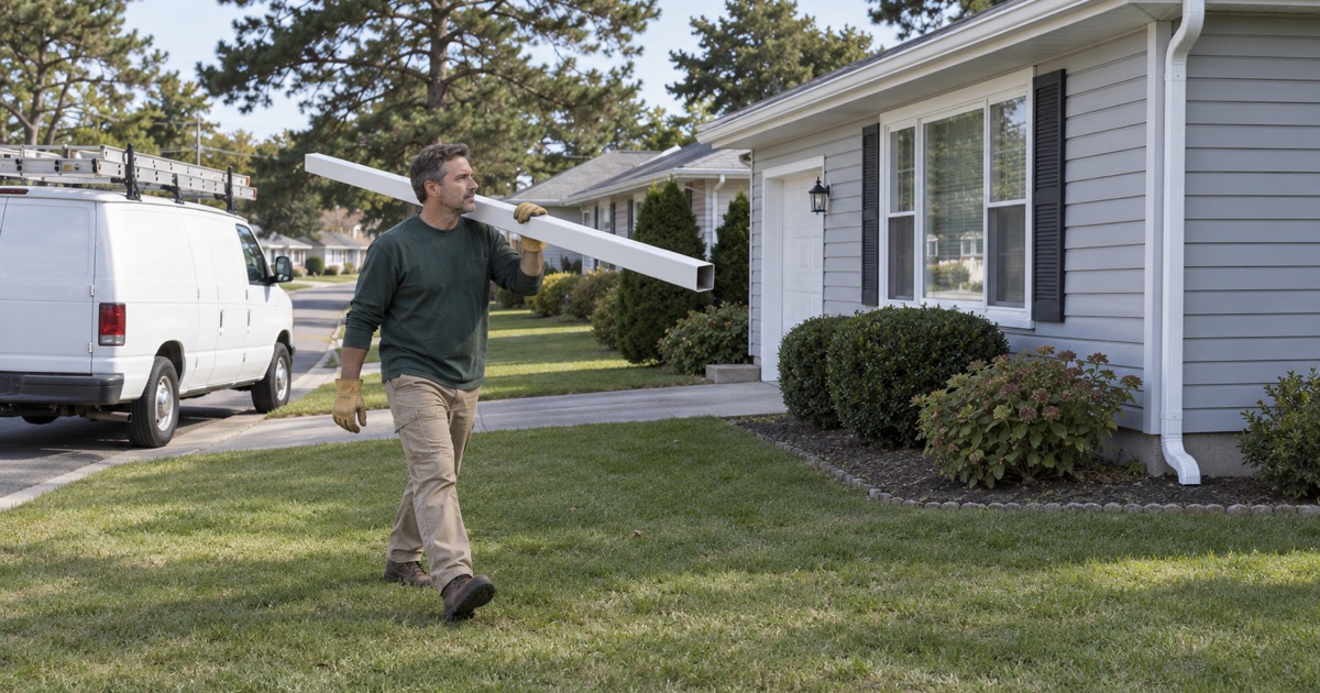 A gutter installer carrying a new downspout length across the lawn of a Brick Township ranch.