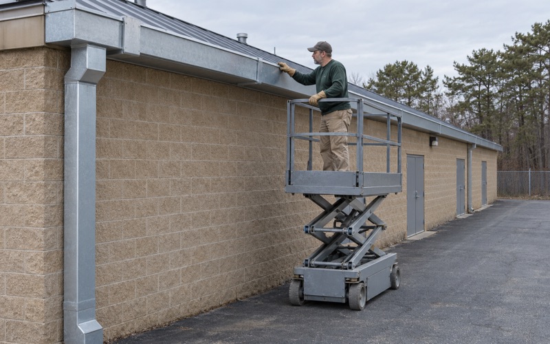 An oversized box gutter going up along the roof edge of a one-story retail building in Brick Township.