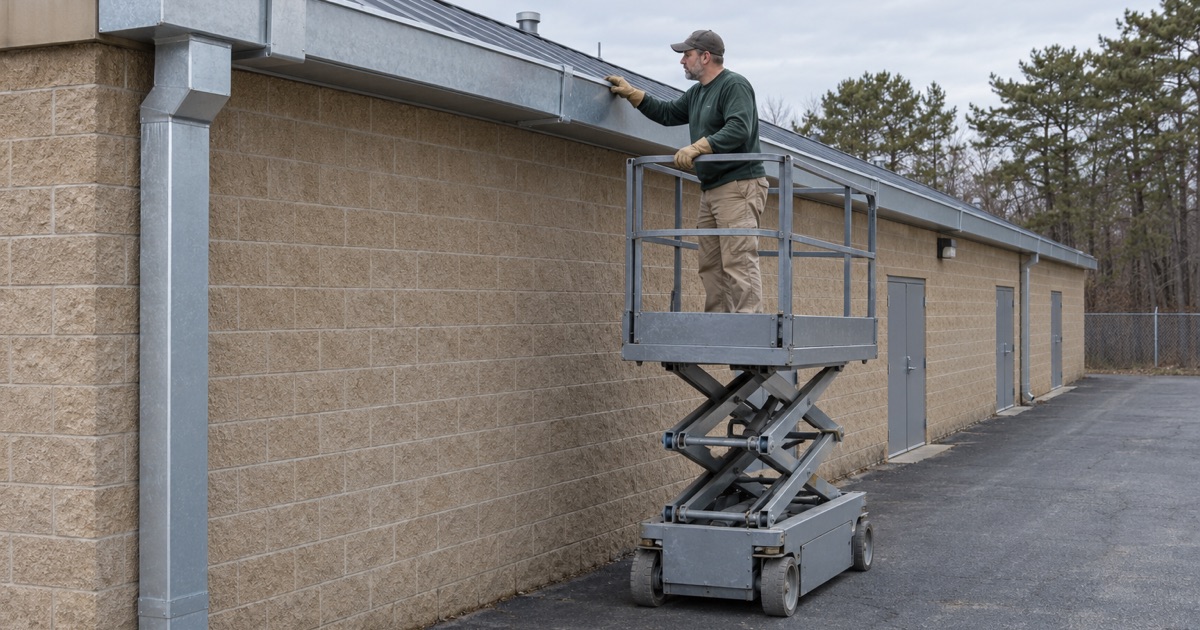 An oversized box gutter going up along the roof edge of a one-story retail building in Brick Township.