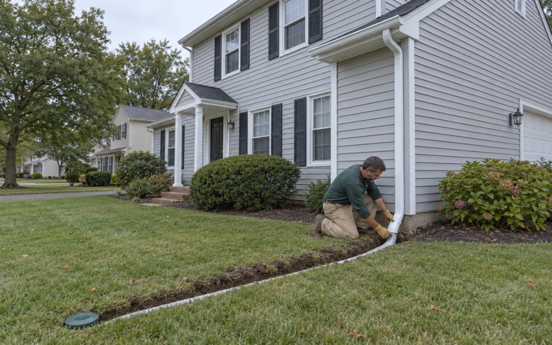 A downspout being joined to an underground drain line at the corner of a Brick Township colonial.