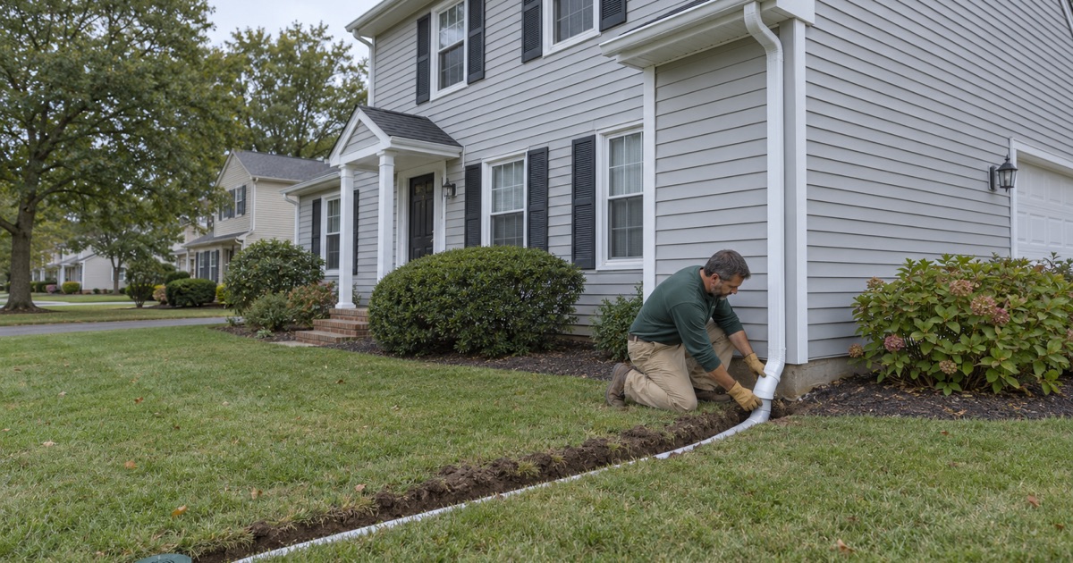A downspout being joined to an underground drain line at the corner of a Brick Township colonial.