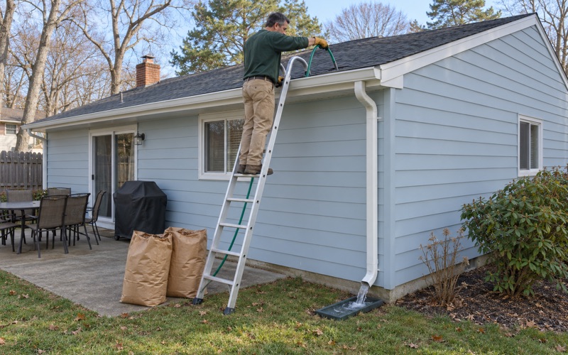 A gutter cleaner flushing a downspout with a garden hose on a Brick Township ranch, bagged debris at the ladder's foot.