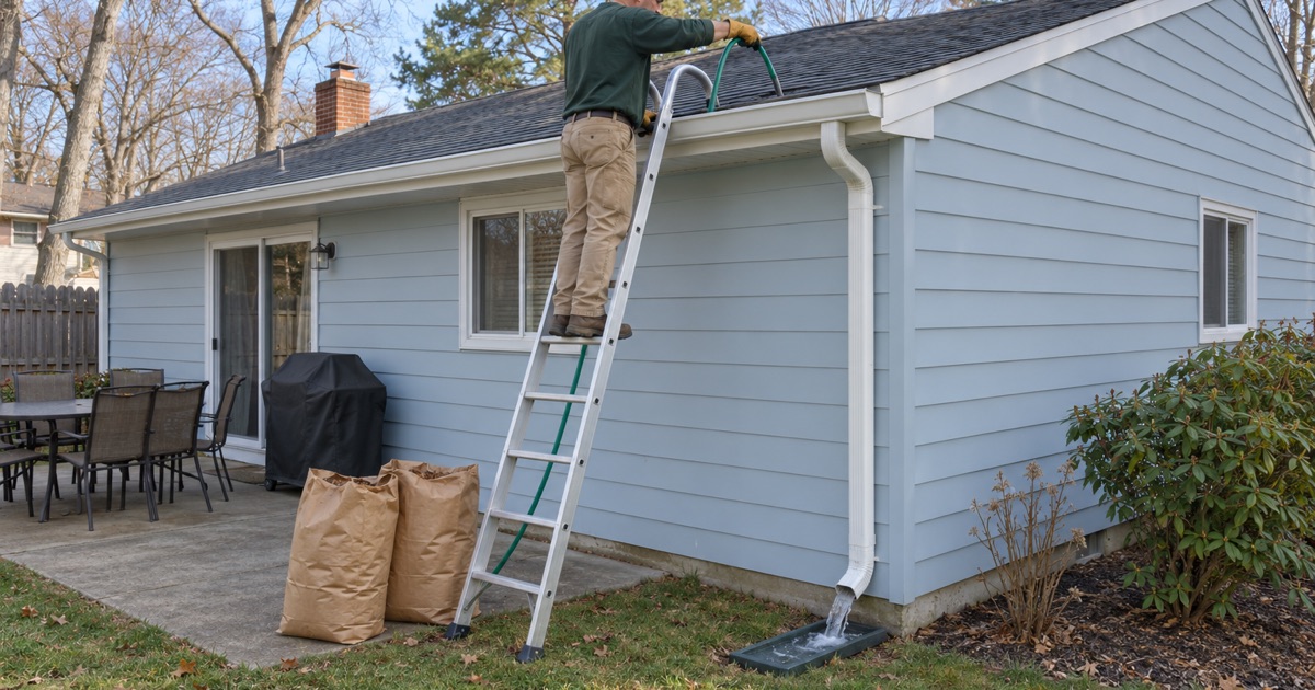 A gutter cleaner flushing a downspout with a garden hose on a Brick Township ranch, bagged debris at the ladder’s foot.