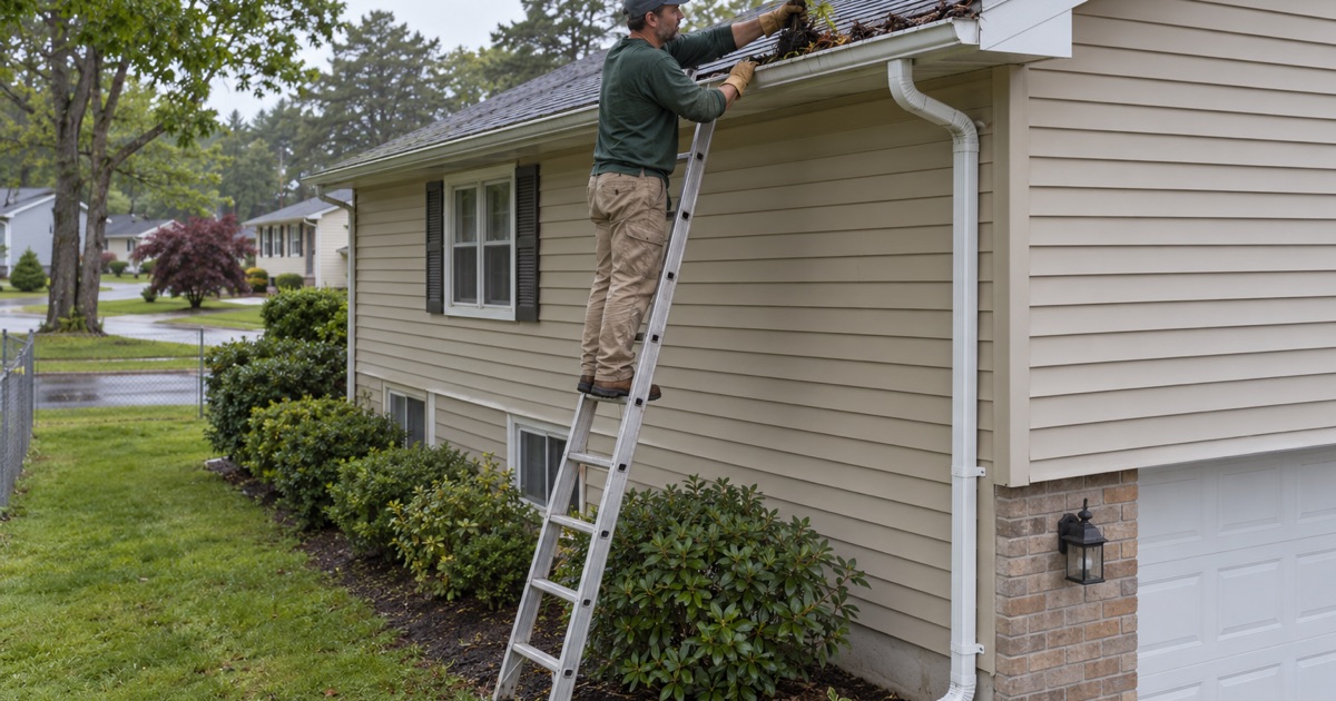 A small maple sapling being pulled out of a clogged gutter on a Brick Township split-level.