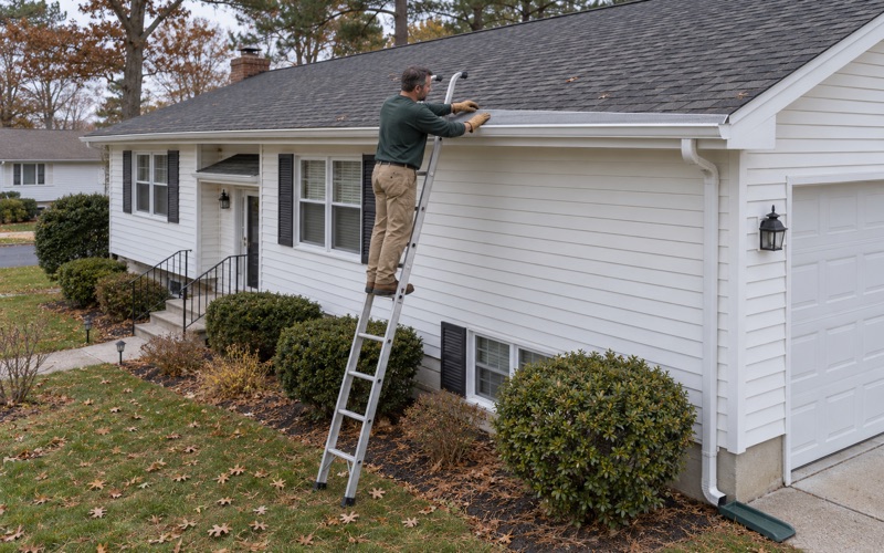 A stainless micro-mesh gutter guard being set along the gutter of a Brick Township split-level.