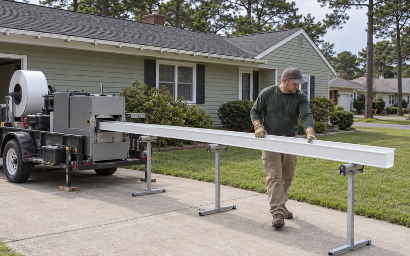 A fresh length of seamless aluminum gutter running out of a forming machine in a Brick Township driveway.