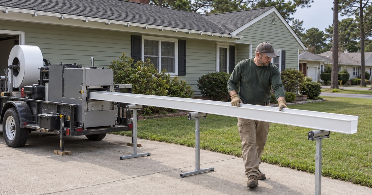 A fresh length of seamless aluminum gutter running out of a forming machine in a Brick Township driveway.