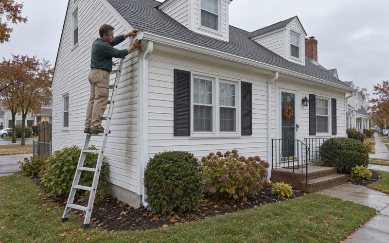 A leaking corner seam on a Brick Township cape's gutter being covered with a new strip miter.
