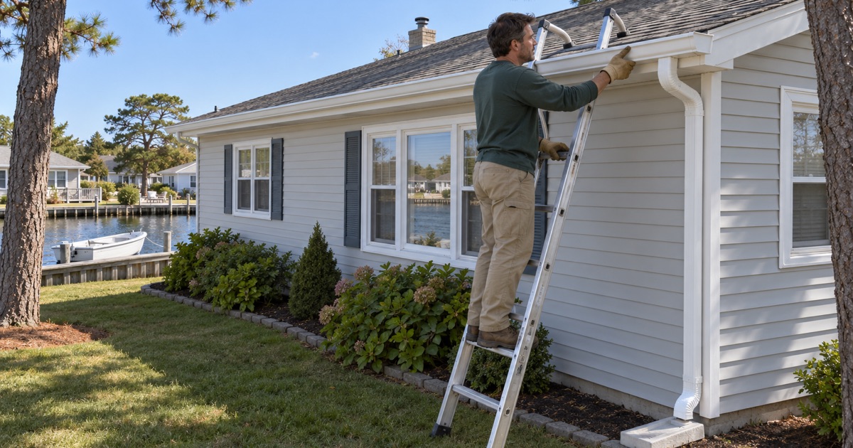 A gutter installer fitting the corner miter of a new white seamless gutter on a lagoon-front ranch in Brick Township.
