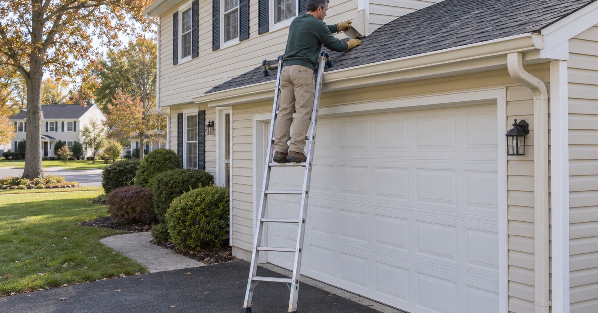 A kickout flashing being set where a garage roof meets a two-story wall above the end of a new gutter in Brick Township.