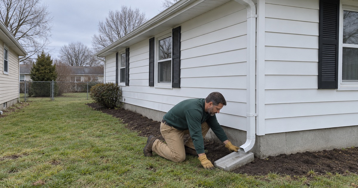 A splash block set on regraded soil to carry downspout water away from the foundation of a Brick Township ranch.