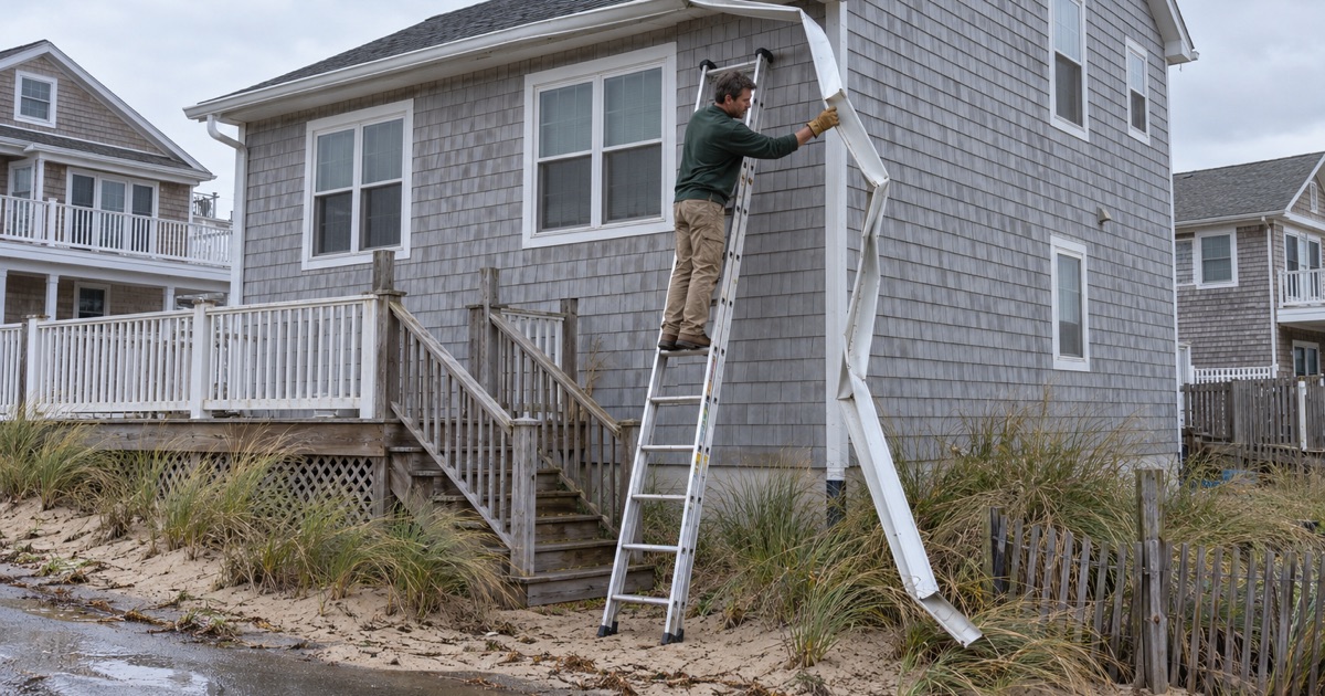 A wind-bent gutter section being taken down from a barrier-island beach house in Brick Township after a nor’easter.