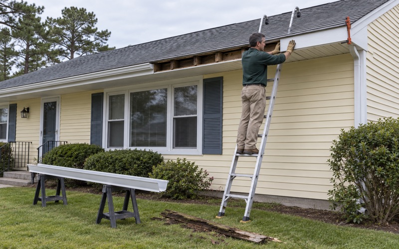 A new fascia board going up where rotted wood was cut out behind the gutter line of a Brick Township ranch.