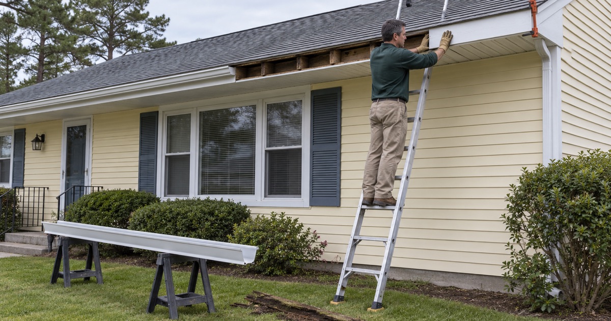 A new fascia board going up where rotted wood was cut out behind the gutter line of a Brick Township ranch.